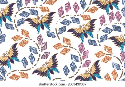 Indonesian batik motifs with very distinctive patterns of plants and butterflies