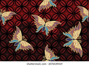 Indonesian batik motifs with very distinctive patterns of plants and butterflies