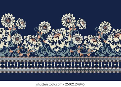 Indonesian batik pattern.Ikat floral pattern on navy blue background.Ikat pattern,vector illustration,fashion women wearing,Aztec style.design for texture,fabric,clothing,wrapping,decoration,sarong.