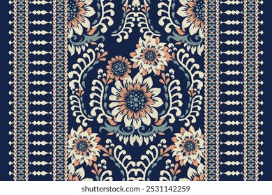 Padrão de batik indonésio.Padrão floral de Ikat no padrão de background.Ikat azul marinho,ilustração vetorial,mulheres de moda vestindo,estilo asteca.design para textura,tecido,roupas,envoltório,decoração,sarong.
