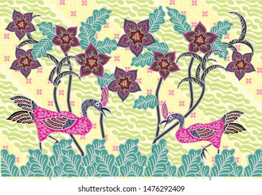 Indonesian batik patterns with flora and faura motifs. Vector