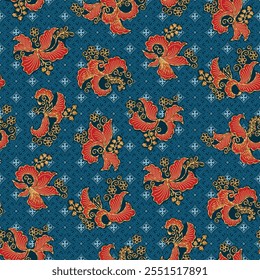 Batik indonésio com um toque de estilo moderno com nuances florais, incluindo folhas e flores
