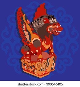 Indonesian beast that scares bad spirits away. Vector dragon illustration with oriental background.