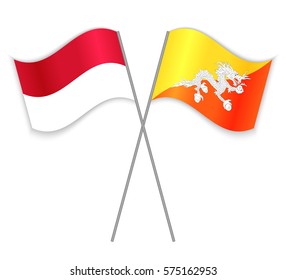 Indonesian and Bhutanese crossed flags. Indonesia combined with Bhutan isolated on white. Language learning, international business or travel concept.