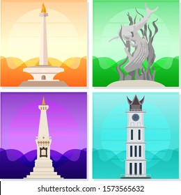 Indonesian Big City Landmark. Jakarta, Surabaya, Yogyakarta, And Padang. Vector Editable. For Tourist Web Or Apps