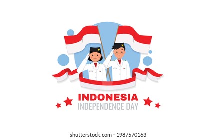 Indonesian boy and girl raise hand to salute. Indonesia independence day celebration day. 