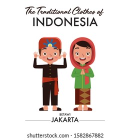 Indonesian boy and girl are wearing Indonesian traditional clothes from Betawi, Jakarta, as they saying welcome