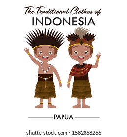 Indonesian boy and girl are wearing Indonesian traditional clothes from Papua, as they wave their hand saying welcome
