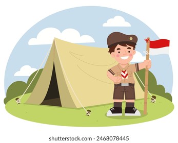 Indonesian boy scout camping vector illustration