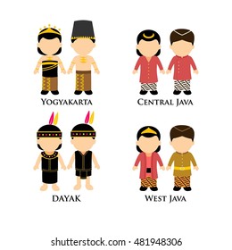 Indonesian boys and girls in traditional costume. Learning diversity and culture around the world. Vector illustration