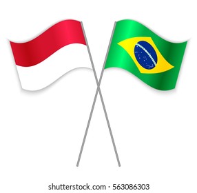 Indonesian and Brazilian crossed flags. Indonesia combined with Brazil isolated on white. Language learning, international business or travel concept.