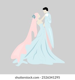 Indonesian bridal couple dancing the first dance at their wedding. Groom in green suit with tie Bride in green and pink sequined wedding dress Stock Vector. illustration eps 10