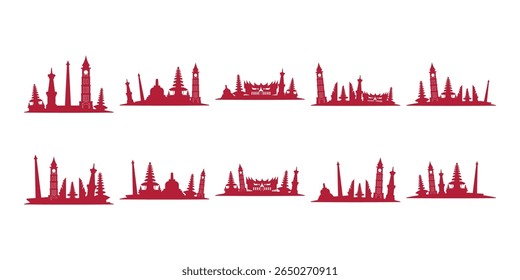 Indonesian Building Monuments Silhouette Set