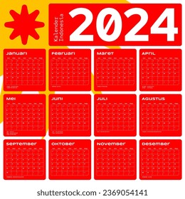 Indonesian Calendar 2024 template vector, simple minimal design, Planner 2024 year, kalender indonesia 2024 year, Week Starts sunday, Set of 12 month
