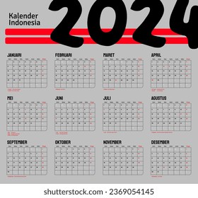 Indonesian Calendar 2024 template vector, simple minimal design, Planner 2024 year, kalender indonesia 2024 year, Week Starts sunday, Set of 12 month
