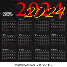 Indonesian Calendar 2024 template vector, simple minimal design, Planner 2024 year, kalender indonesia 2024 year, Week Starts sunday, Set of 12 month
