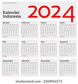 Indonesian Calendar 2024 template vector, simple minimal design, Planner 2024 year, kalender indonesia 2024 year, Week Starts sunday, Set of 12 month
