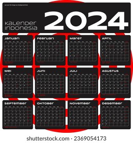 Indonesian Calendar 2024 template vector, simple minimal design, Planner 2024 year, kalender indonesia 2024 year, Week Starts sunday, Set of 12 month
