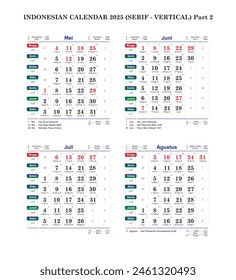 Indonesian calendar for 2025 serif vertical style month may june july august gregorian with national holiday