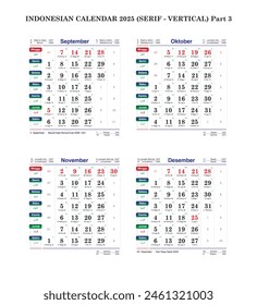 Indonesian calendar for 2025 serif vertical style month september october november december gregorian with national holiday