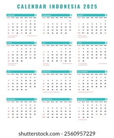 Indonesian Calendar 2025 week start Sunday design template vector illustration. Kalender Indonesia 2025. Translate: Indonesian calendar 2025 and national holidays