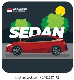 Indonesian Car Series: Red Sedan in The Night Flat Vector 