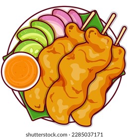 Indonesian chicken satay recipe illustration vector. Chicken satay malaysian food icon top view. Thai beef satay and peanut sauce top view cartoon. Asian appetizers chicken satay food menu icon vector