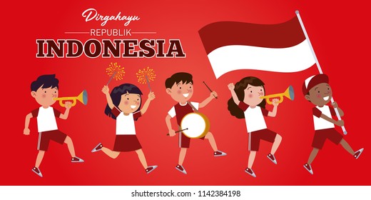 Indonesian children of various tribes are parading commemorating and celebrating the Indonesian Independence day. Dirgahayu is a long life for the Indonesian republic.