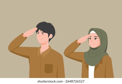 Servidores civis indonésios masculino e feminino saudação ilustração