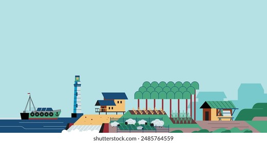 Indonesian Country Landscape Flat Illustration with Sheep Lighthouse Ships and Farm