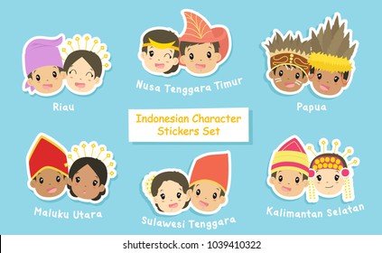 Indonesian couple stickers collection. Indonesian boys and girls wearing Indonesian headdress. printable stickers template cartoon vector.