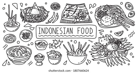 Indonesian cuisine, food. Simple doodle outline style. Vector stock black and white illustration.