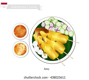 Indonesian Cuisine, Meat Barbecue with Peanut Sauce and Vegetable Salad Sauce, One of The Most Popular Dish of Indonesia.