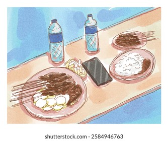 Indonesian Cuisine Satay with lontong and rice on the table with crackers, mineral water bottle, and smartphone in watercolor vector art