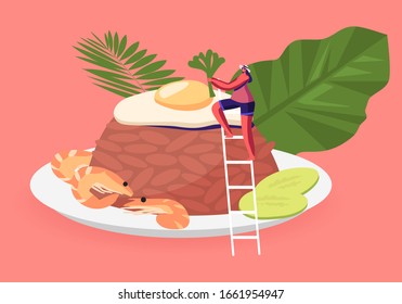 Indonesian Cuisine. Tiny Woman near Traditional Malaysian Meal Nasi Goreng Fried Rice with Shrimps and Egg Garnished with Fresh Cucumber Slices on Plate, Asian Food. Cartoon Flat Vector Illustration