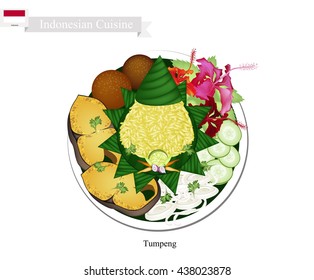 Indonesian Cuisine, Tumpeng or Traditional Cone Shaped Curry Rice with Fried Fish, Meatball and Vegetables, One of The Most Popular Food of Indonesian.