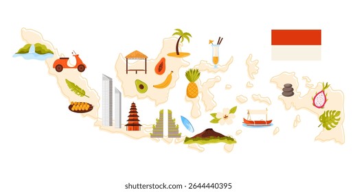 Indonesian culture elements, landmarks and food on Indonesia infographic map. Group of islands with temple and heritage monument, exotic fruit and jukung boat, Gunung Batur cartoon vector illustration