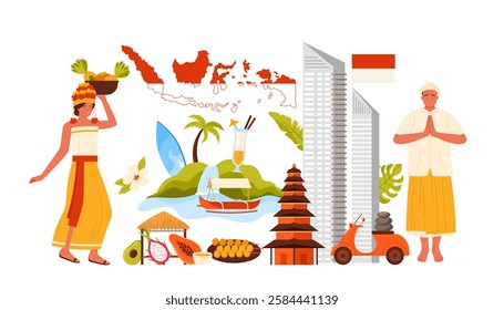 Indonesian culture elements and landmarks, travel to Indonesia infographic collage with people in traditional costumes, spiritual temple, beach hut and tropical fruits cartoon vector illustration