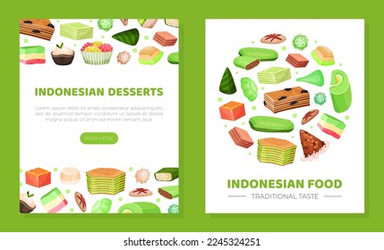 Indonesian desserts menu banner. Traditional Asian food web banner and card template set cartoon vector
