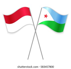 Indonesian and Djiboutian crossed flags. Indonesia combined with Djibouti isolated on white. Language learning, international business or travel concept.