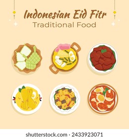 Indonesian Eid Fitr Food Tradition Flat Illustration Top View