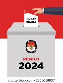 Indonesian election day pemilu or president election pilpres 2024 box with red and white flag background