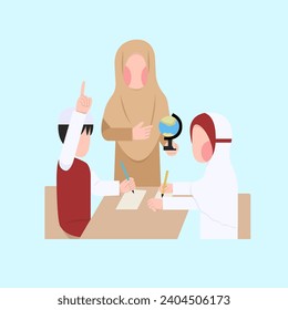 Indonesian Elementary Hijab Teacher And Student