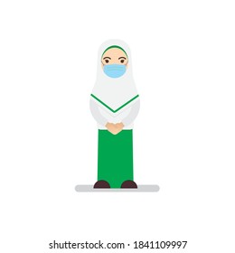 Indonesian elementary islamic school student uniform for hijab girls wearing masker
