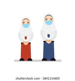 Indonesian elementary and junior high school student uniform for hijab girl wearing masker