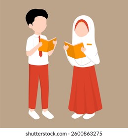 Indonesian Elementary School Boy and Girl Student Illustration