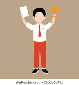 Indonesian Elementary School Boy Top Student with Trophy Illustration