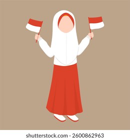 Indonesian Elementary School Girl Student Holding Flag Illustration