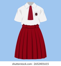 Iluminação de uniforme de menina da escola primária indonésia, saia vermelha e camisa branca no fundo azul