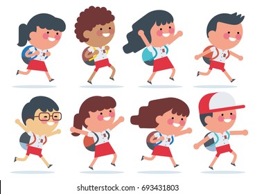 Indonesian elementary school student with red white uniform walking to School . Back to school. Children of various Ethnic Groups